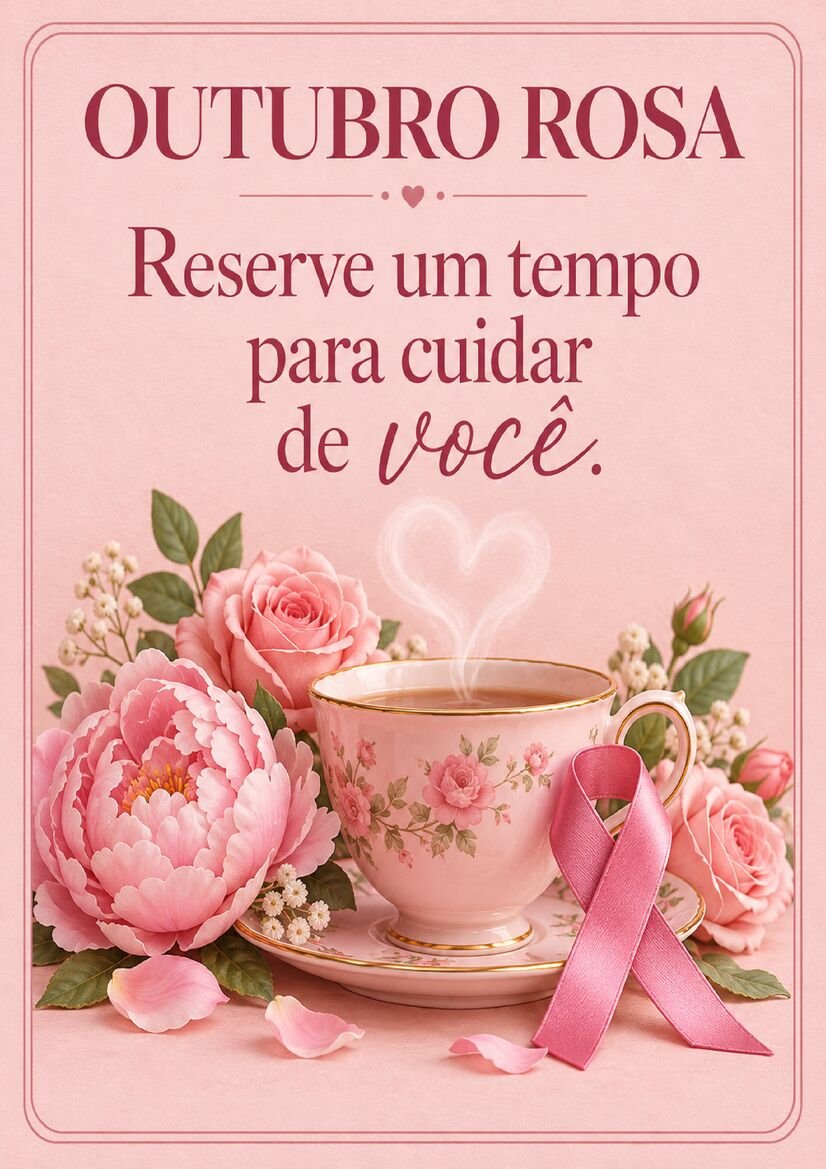 Imagem Outubro Rosa com xícara de chá florida, rosas e laço rosa, com a frase Reserve um tempo para cuidar de você
